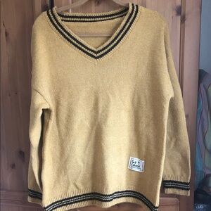 Mustard V-Neck Sweater with Black Stripes L/XL 22” pit to pit. Poly, sporty,